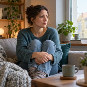Eine nachdenkliche Frau sitzt angespannt am Fenster.