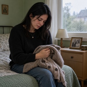 Eine junge Frau hält in Erinnerung an einen verlorenen Menschen eine Strickjacke.