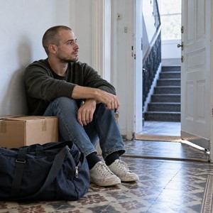 Ein junger Mann sitzt mit Umzugskarton und Schlüssel im fast leeren Flur.