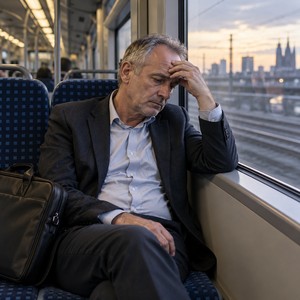 Ein erschöpfter älterer Berufstätiger sitzt im Pendlerzug.